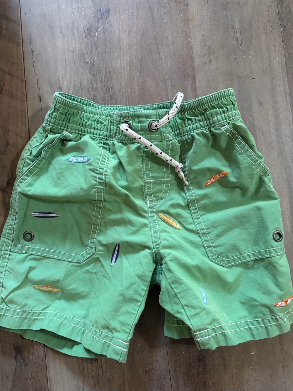 Green Kids Drawstring Swim Shorts with Surf Embroidery